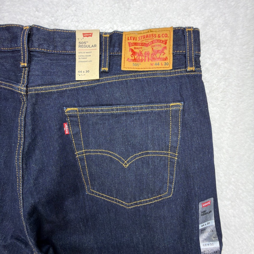 Levis 505 Regular Fit Straight‎ Leg Jeans Mens 44x30 Blue NWT Dark Wash